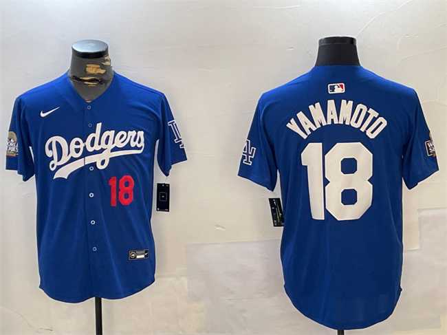 Mens Los Angeles Dodgers #18 Yoshinobu Yamamoto Royal 2024 World Series Patch Alternate Limited Stitched Jersey